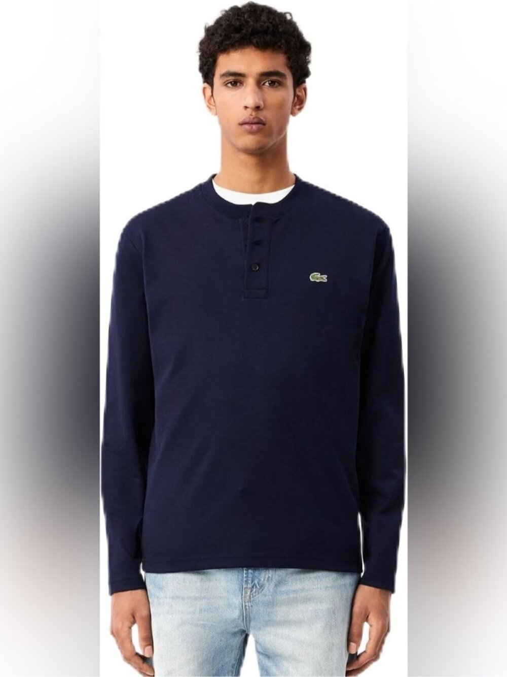 Lacoste Men's Long Sleeve Henley crew Shirt Navy Blue Pima Cotton Crocodile M L